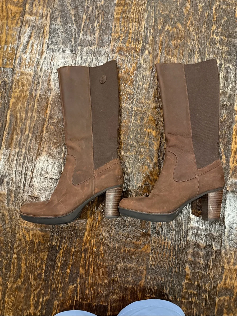 Rockport Women's Tall stacked heel stretch Brown Knee high leather Boots